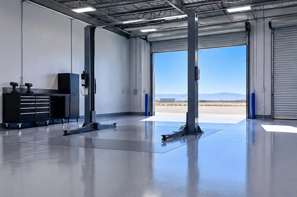 Illustration: a two-bay auto repair shop in a Clovis business park with a gray resinous floor, a two-post lift over a clean pad and a roll-up door open to the afternoon sun and a distant flat horizon