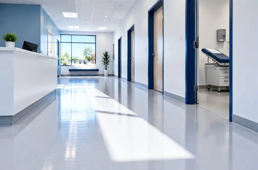 Illustration: a quiet private clinic corridor in a Clovis office suite with a smooth pale seamless floor, a reception counter and exam room doors under soft daylight from a front window