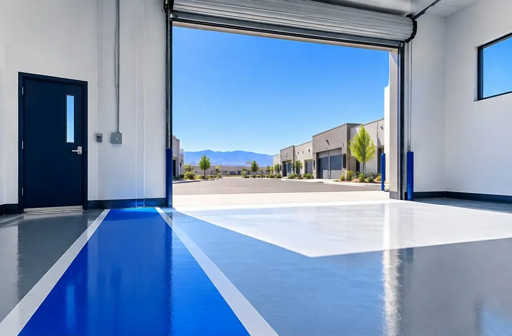 Illustration: a bright single-story commercial unit in Clovis with a smooth gray resinous floor, a painted walkway lane and a roll-up door open to a parking apron under a hard blue valley sky