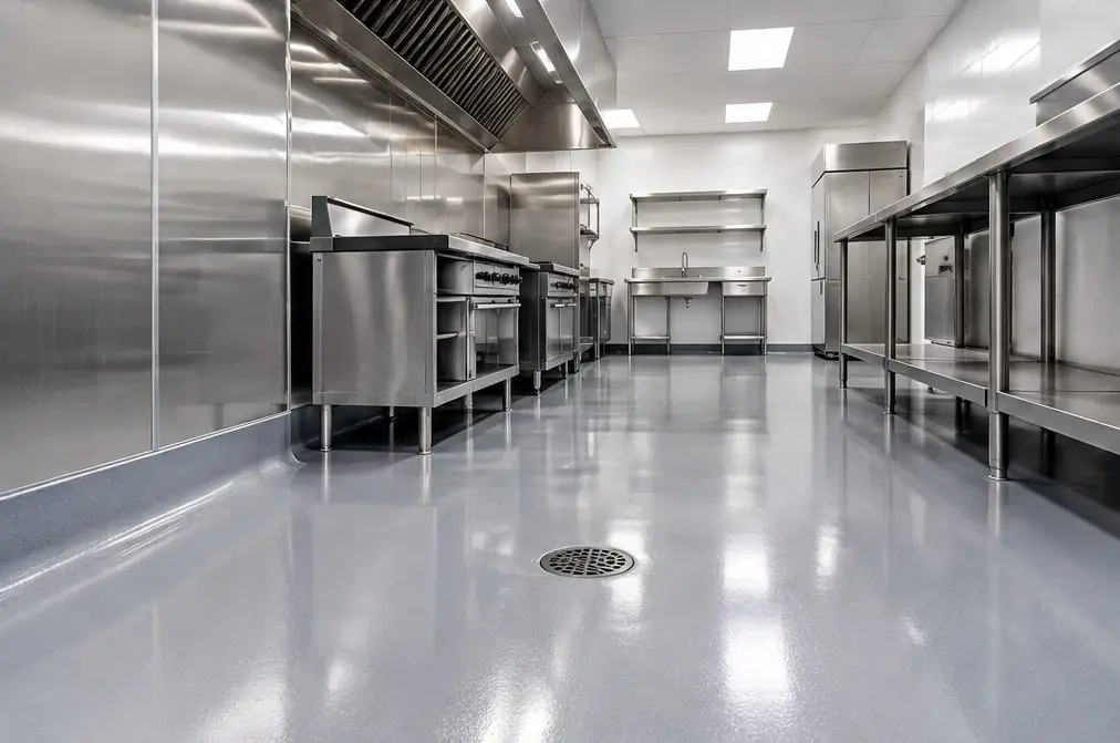 Illustration: a clean restaurant kitchen with a seamless light gray floor that curves up the wall as a coved base, a round floor drain, stainless prep tables and a hood over the range
