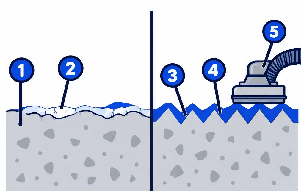 Diagram: two magnified concrete cross-sections, a shallow etched surface with a loose film and an even ground profile filled by a coating
