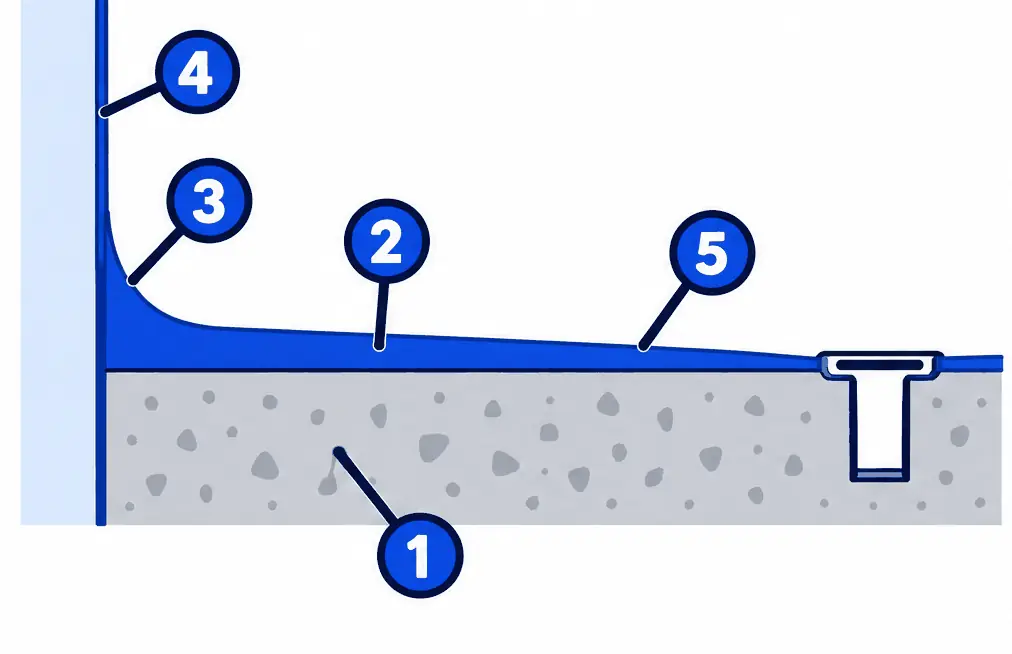 Diagram: cross-section of a kitchen floor coating curving up a wall as a smooth cove, with a gentle slope toward a floor drain