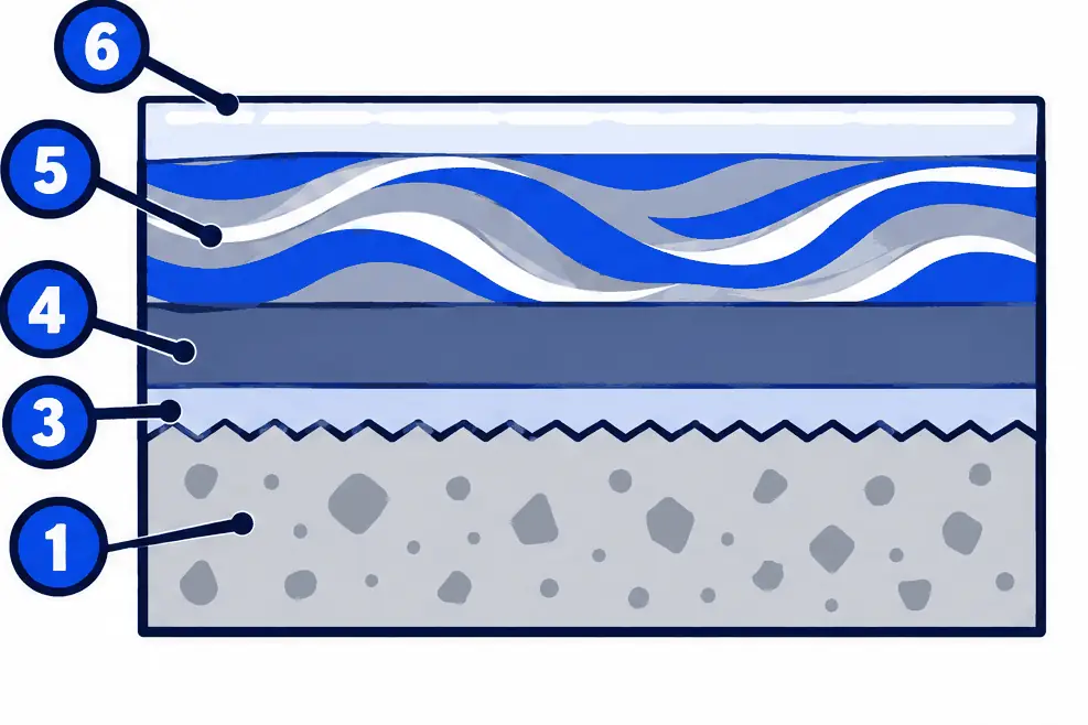 Diagram: cross-section of a metallic epoxy floor, ground slab, primer, solid base color, metallic pigment layer and a clear top coat