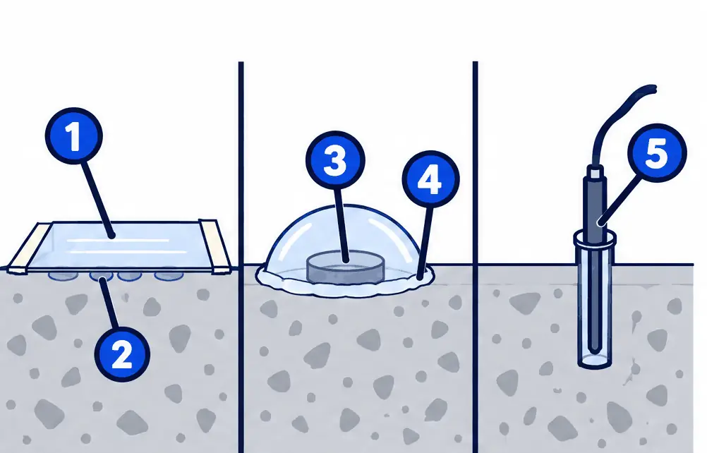Diagram: three concrete slab cross-sections showing a taped plastic sheet with droplets, a calcium chloride dish under a sealed dome and an in-slab probe in a sleeve