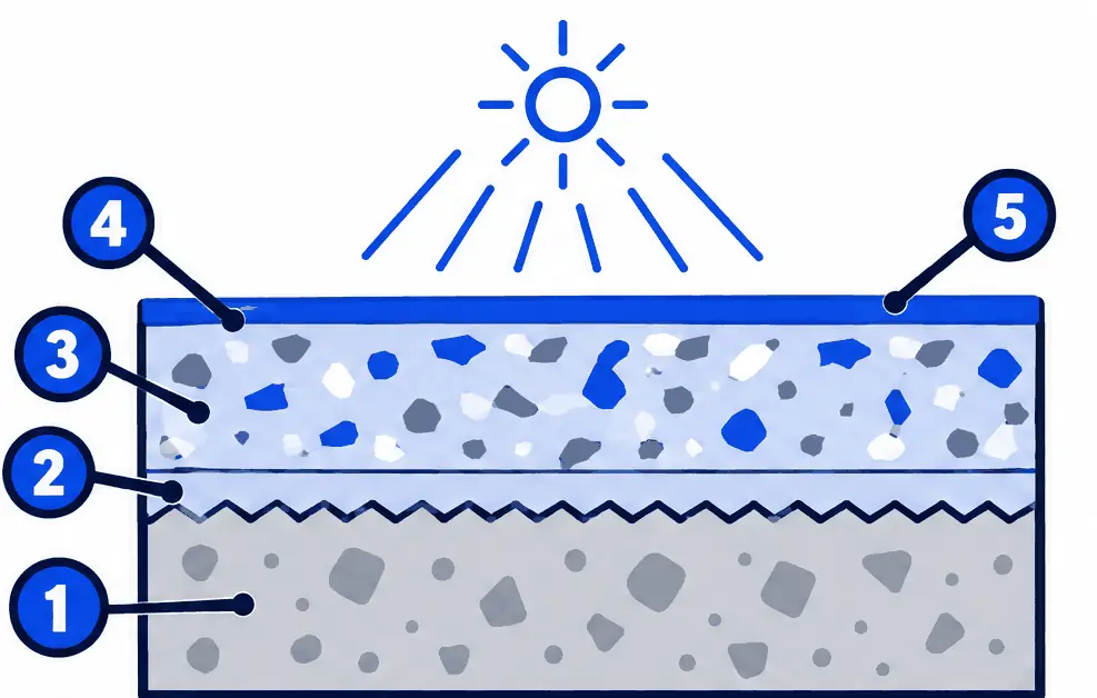 Diagram: cross-section of a polyaspartic flake garage floor, ground slab, epoxy base, flakes and a thin polyaspartic top coat