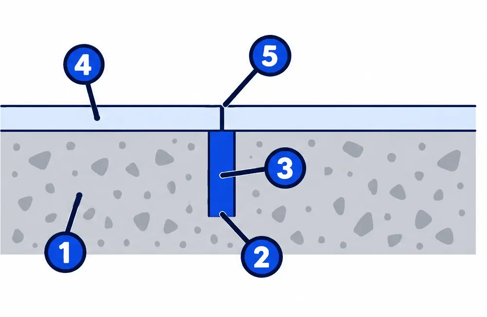 Diagram: cross-section of a warehouse slab with a flush filled saw cut and a coating on both sides with a thin cut through it exactly above the joint