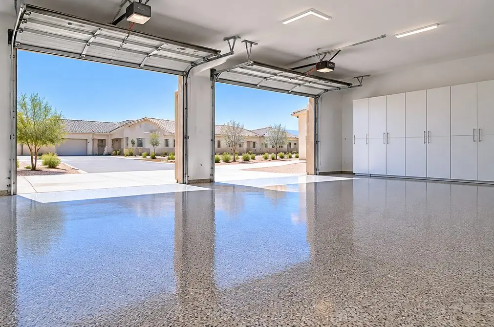 Illustration: a bright three-car garage in a newer Clovis tract home, a flake floor in warm gray and tan, the garage door open to a sunny driveway and tall storage cabinets pushed against the back wall