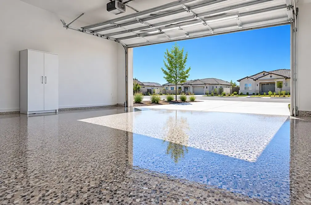 Illustration: a bright two-car Clovis garage with a speckled warm-gray and tan flake epoxy floor, the door open to a sunny driveway and a young tree, no car inside