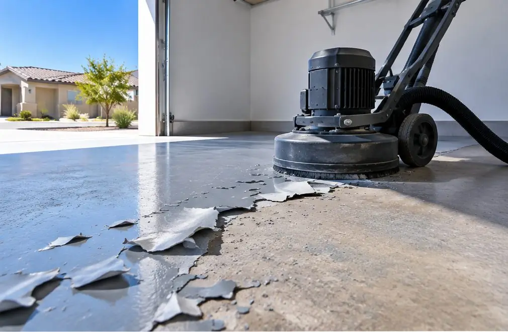 Illustration: an older garage floor with a gray coating lifting and curling near the door, bare concrete showing beneath and a diamond grinder with a vacuum hose ready beside it