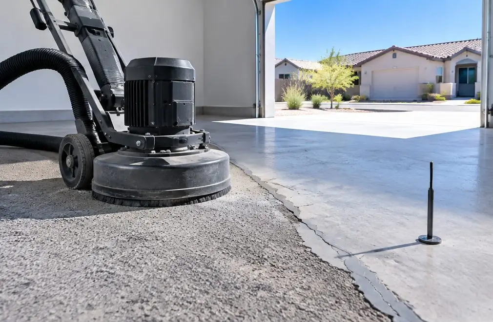 Illustration: a Clovis garage floor mid-prep, a diamond grinder with a dust shroud and vacuum hose on half-ground concrete, a crack filled with gray patching material and a moisture probe set beside it