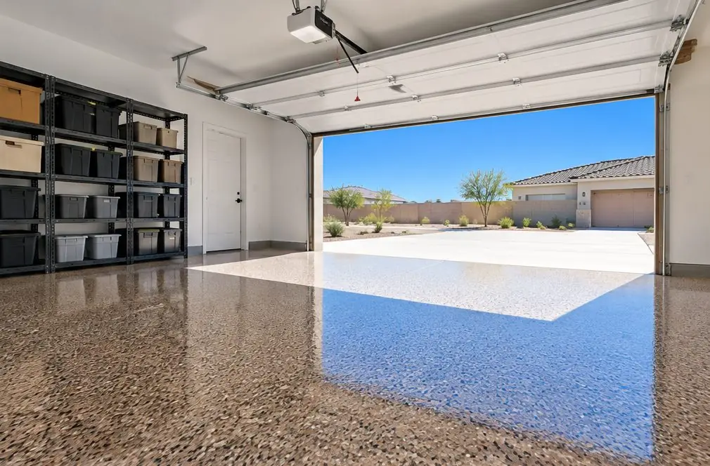 Illustration: a finished Central Valley tract garage with a sand, brown and charcoal flake floor and a glossy clear top coat
