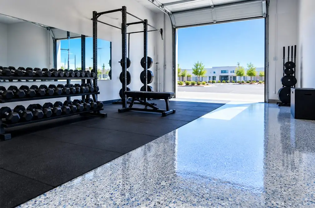 Illustration: a Clovis fitness studio in a business-park suite with a flake epoxy floor at the entry, black rubber mats along a rack of weights and a roll-up door open to a bright parking lot