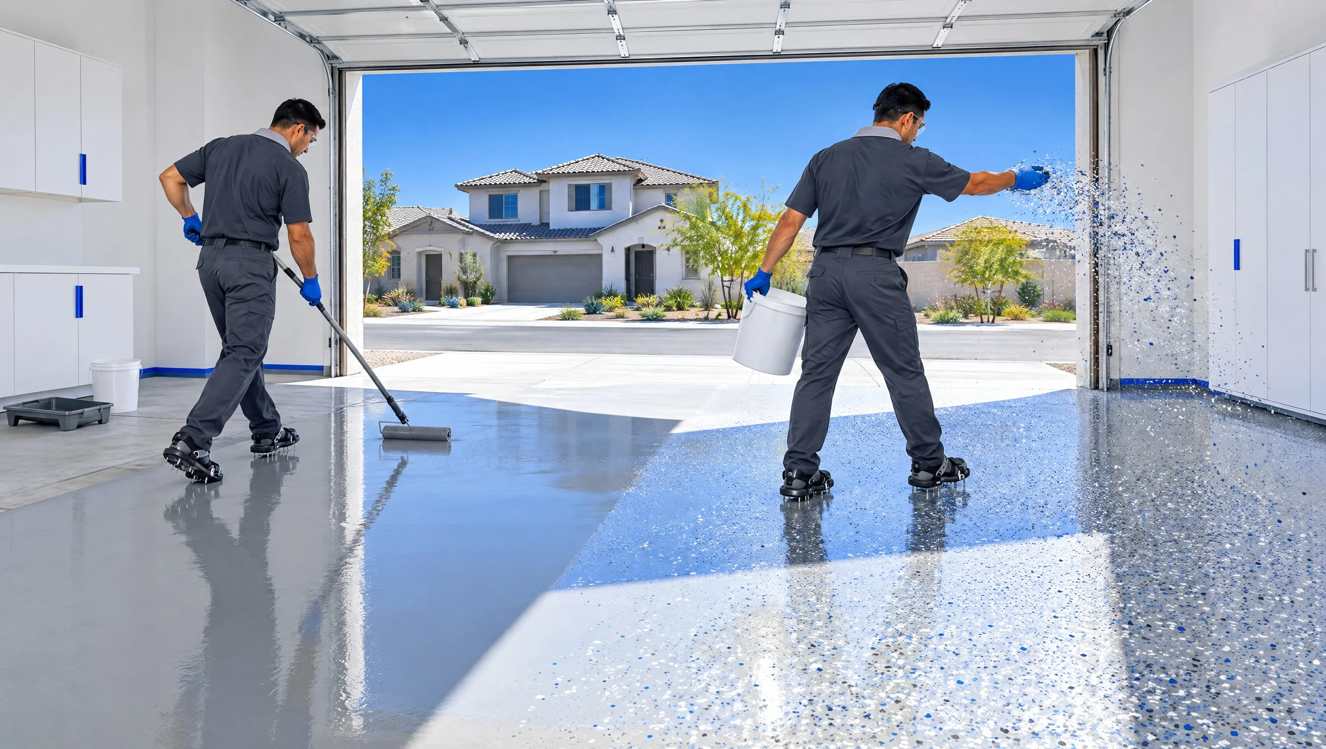 Illustration: two coating installers in matching uniforms and clean spiked shoes in a bright two-car Clovis garage with the door open to daylight, one rolling a base coat while the other broadcasts color flakes by hand; no car in the garage (AI-generated)