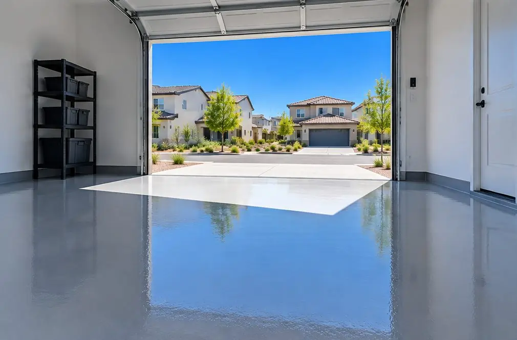 Illustration: a coated floor seen from inside, with Loma Vista beyond the open door