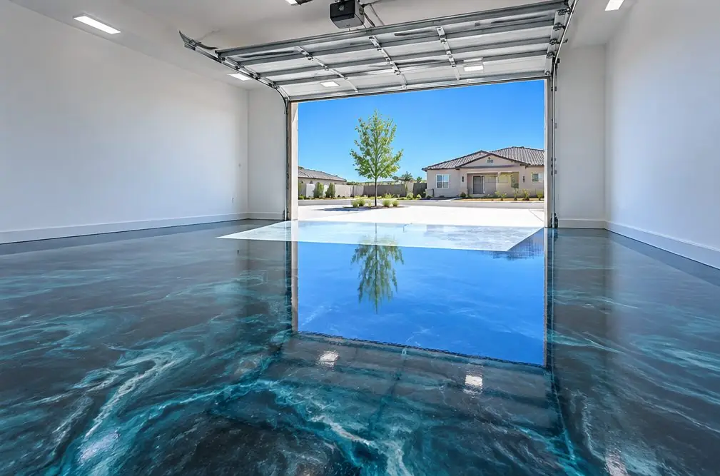 Illustration: an empty Clovis garage used as a showpiece room, a deep teal and charcoal metallic epoxy floor in marbled swirls mirroring the open door