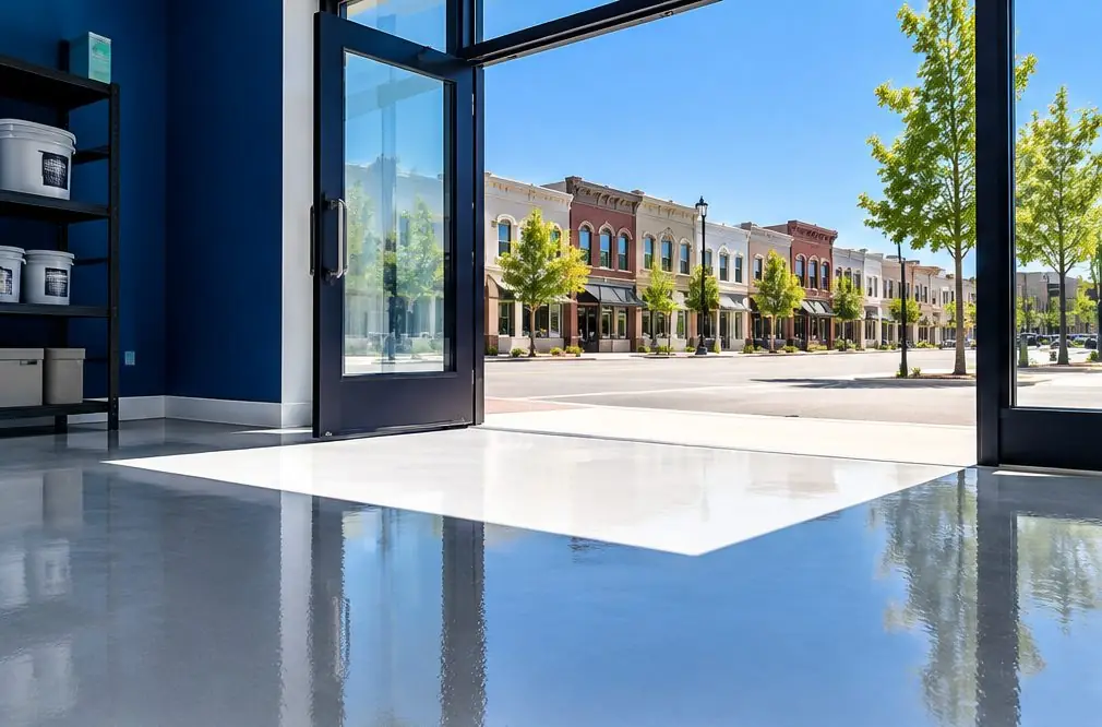 Illustration: a coated floor seen from inside, with Old Town Clovis beyond the open door