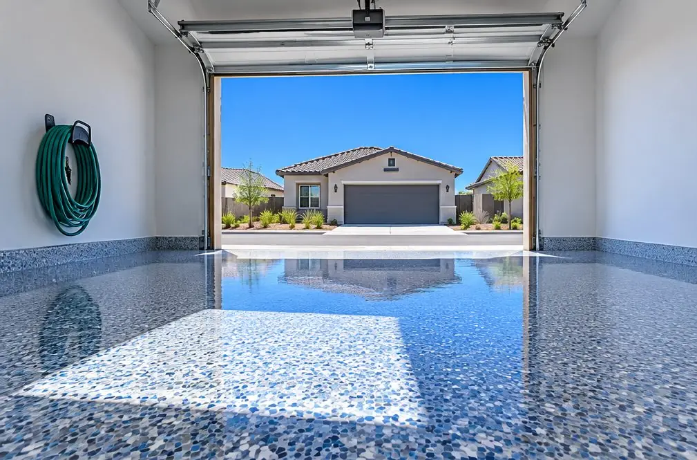 Illustration: a Clovis garage with a glossy blue-gray polyaspartic flake floor, afternoon sun streaming through the open door onto the slab and a rolled-up garden hose on a wall hook