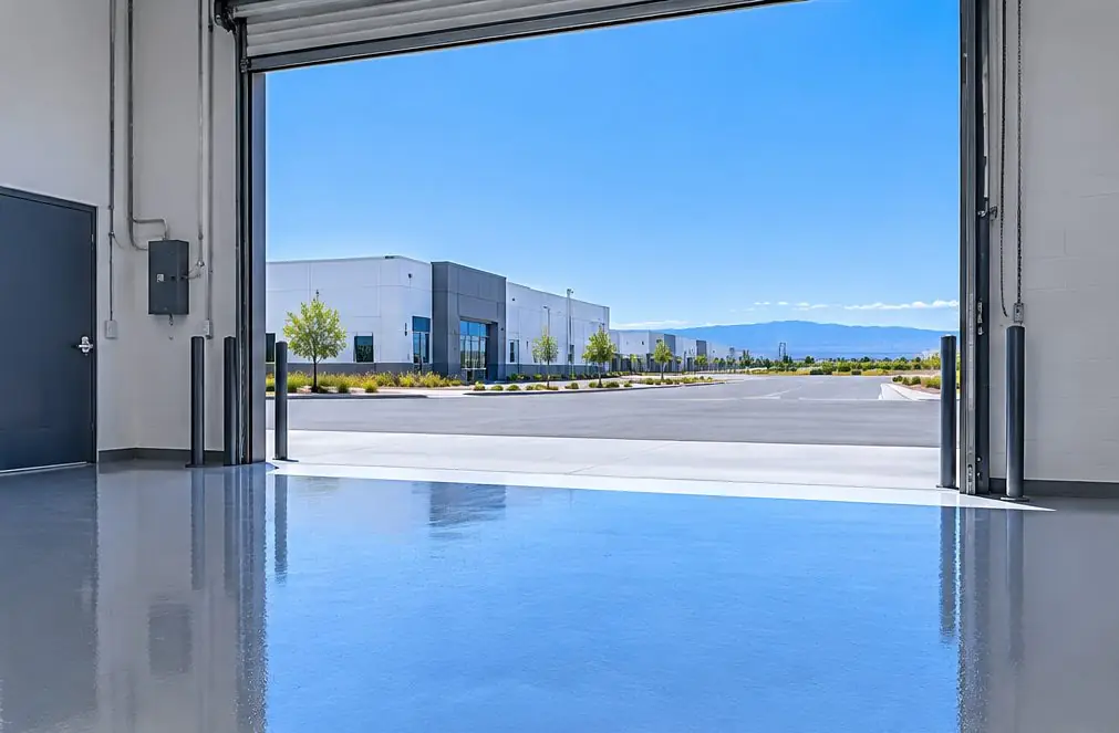 Illustration: a coated floor seen from inside, with Research & Technology Park beyond the open door