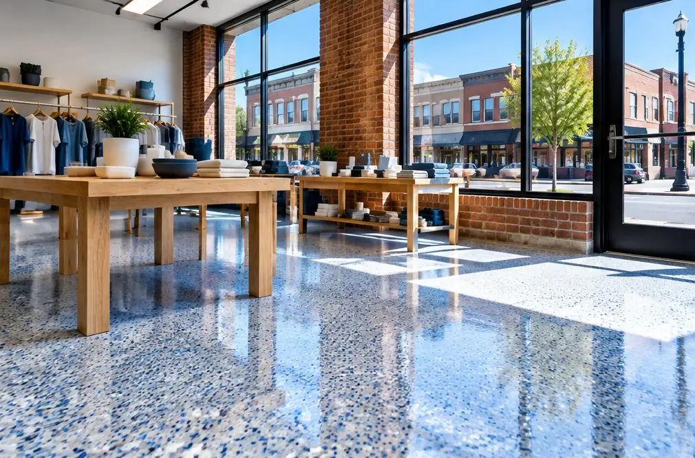 Illustration: a bright retail showroom with a glossy flake floor in light gray and blue, wooden display tables and large storefront windows onto a sunny street