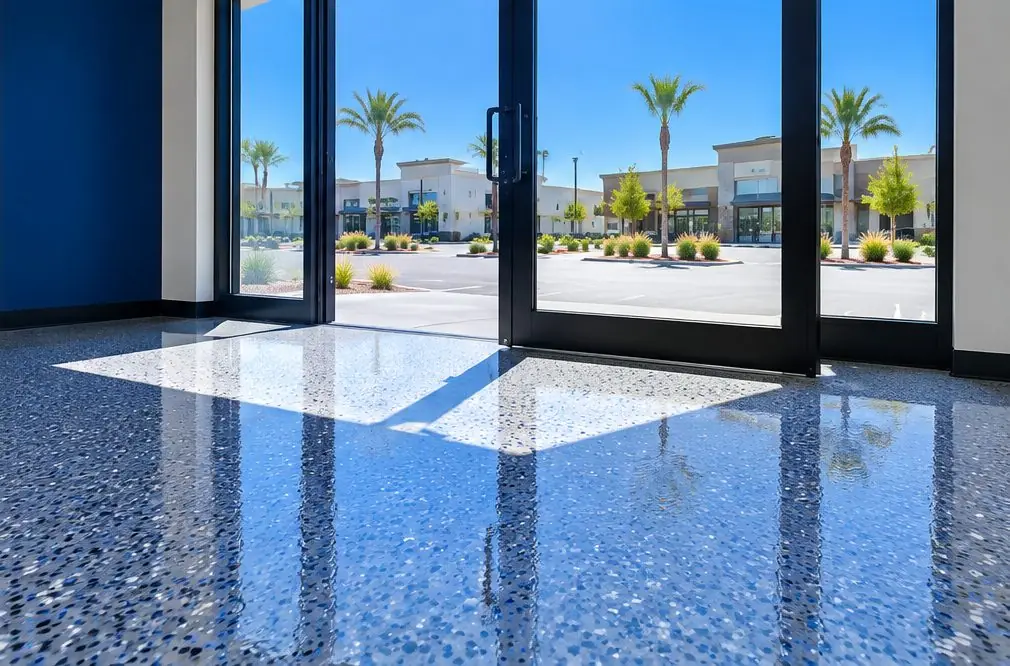 Illustration: a coated floor seen from inside, with Sierra Vista Mall district beyond the open door