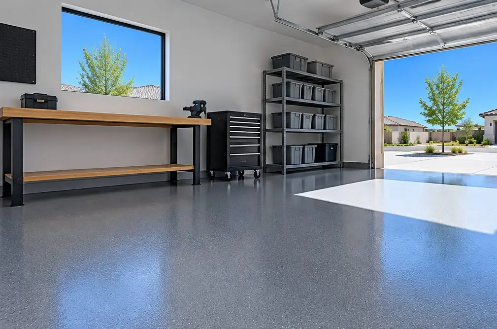 Illustration: a tidy garage with a smooth medium-gray solid-color epoxy floor, a wooden workbench under a window, a rolling tool chest and shelves of storage bins, the door open to a sunny street