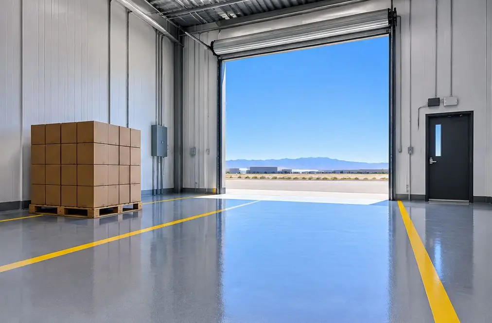 Illustration: a light-industrial warehouse unit with a smooth gray resin floor, yellow painted lane lines, a stacked pallet of boxes and a roll-up door open to a flat, sunny horizon